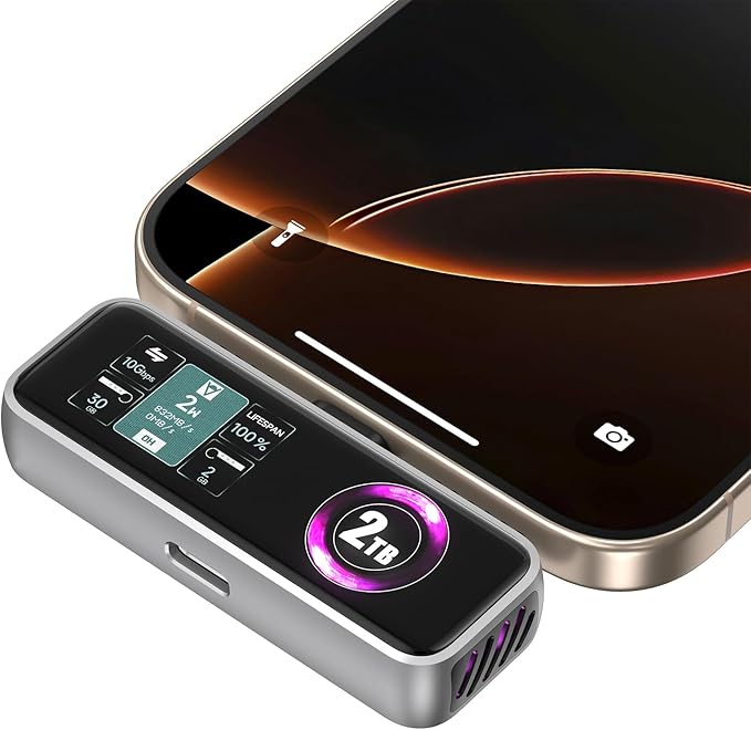 SSD portátil magnético para iPhone con pantalla LCD y ventilador de refrigeración integrado