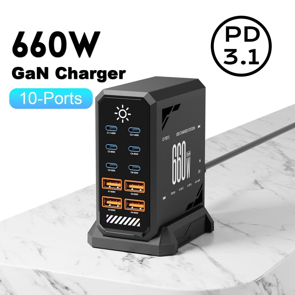 Estación de carga GaN de 660 W con 10 puertos USB-C