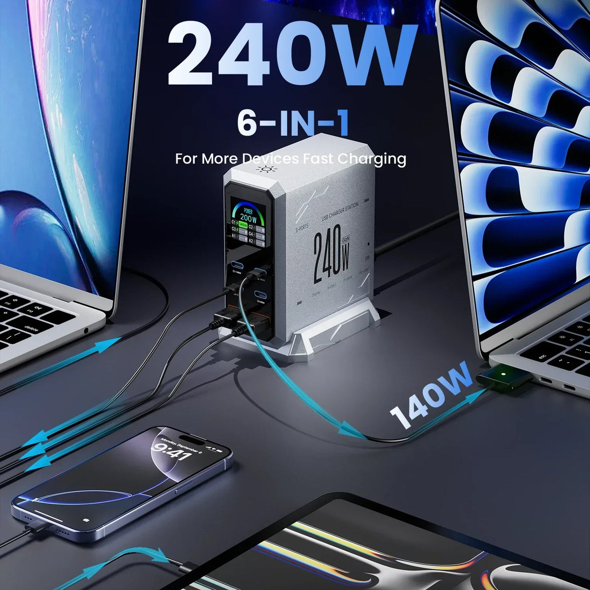 240W GaN 6Ports Charger with Wattage Display