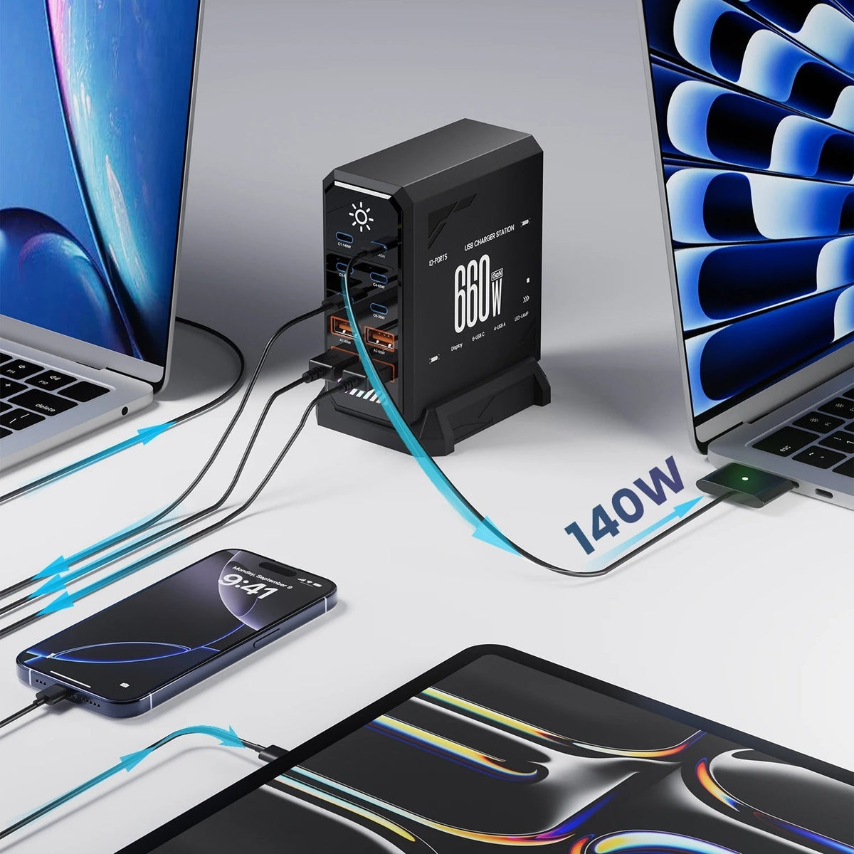 Estación de carga GaN de 660 W con 10 puertos USB-C