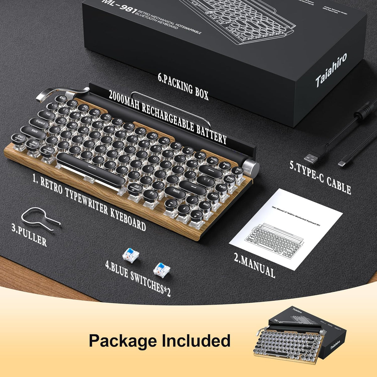 Teclado mecánico retro de madera estilo máquina de escribir