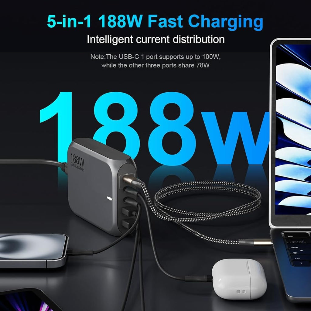 Cargador rápido GaN PD3.1 USB-C de 188 W y 5 puertos