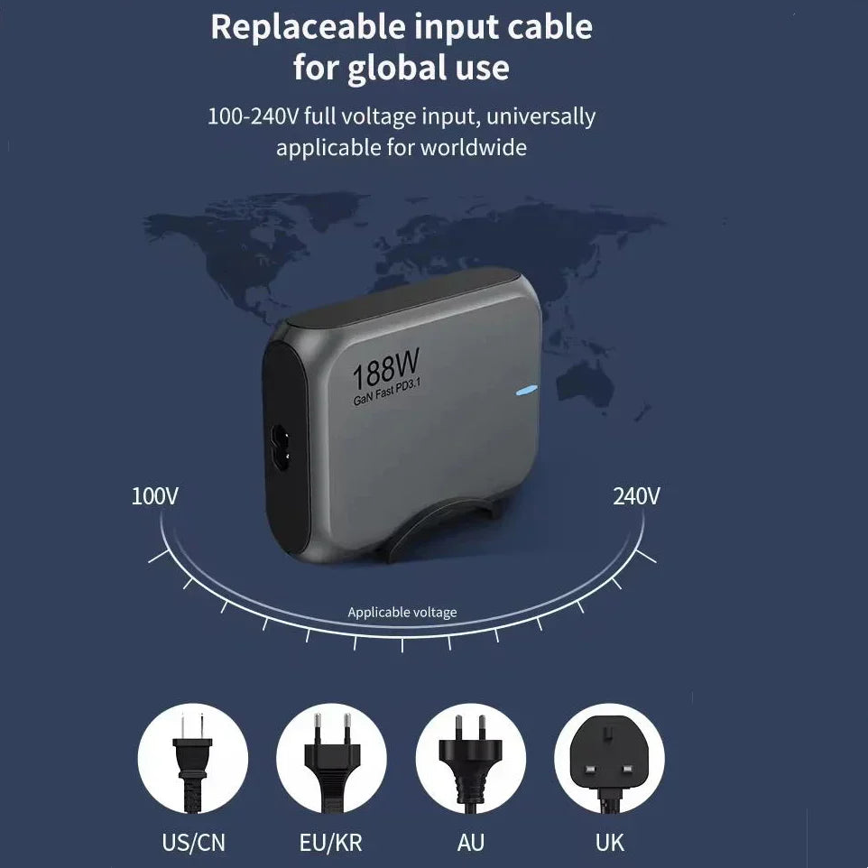 Cargador rápido GaN PD3.1 USB-C de 188 W y 5 puertos