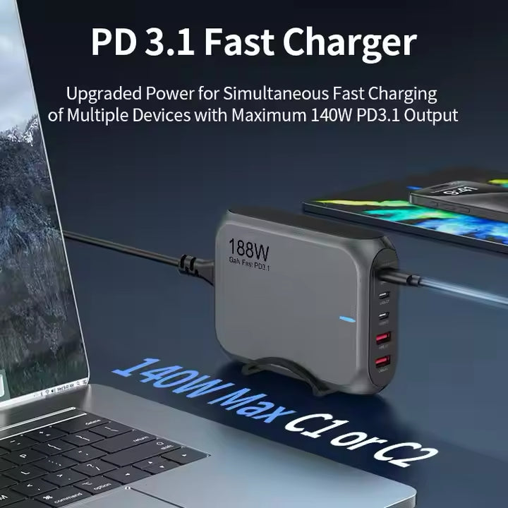 Cargador rápido GaN PD3.1 USB-C de 188 W y 5 puertos