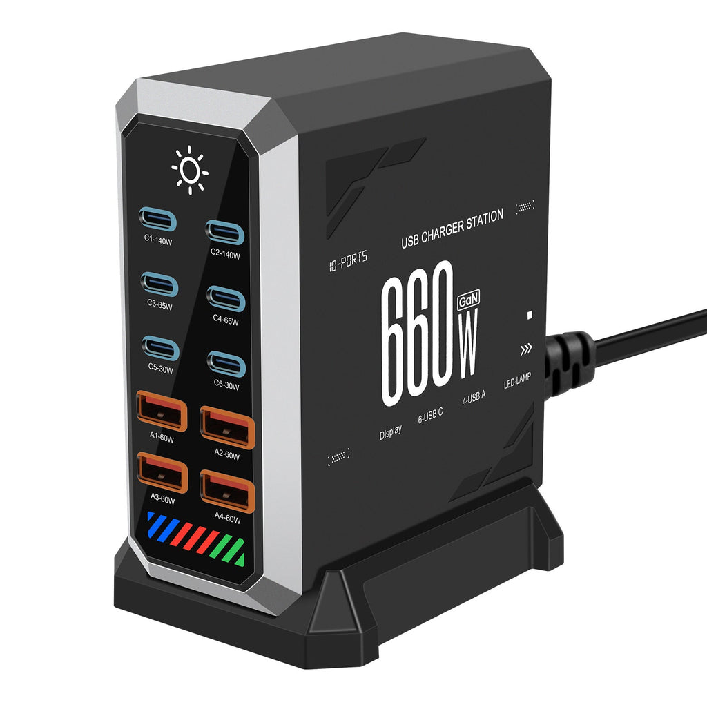 Estación de carga GaN de 660 W con 10 puertos USB-C