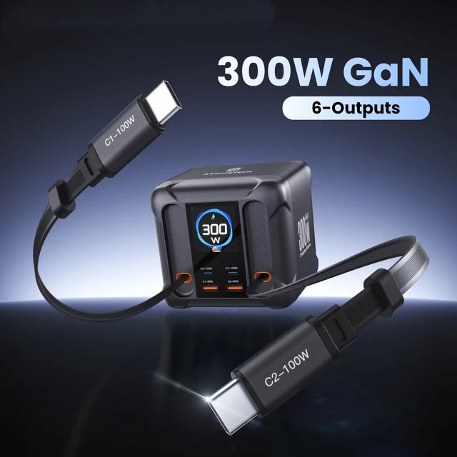 300W GaN USB Charger Station with LED Display & Retractable Type C Cable