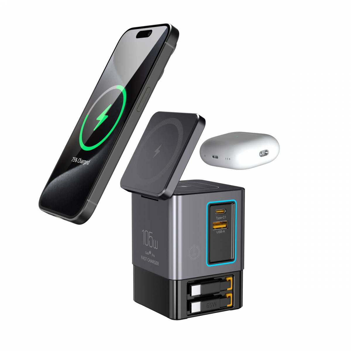 105W GaN Retractable 6-in-1 Charger with Magnetic Pad