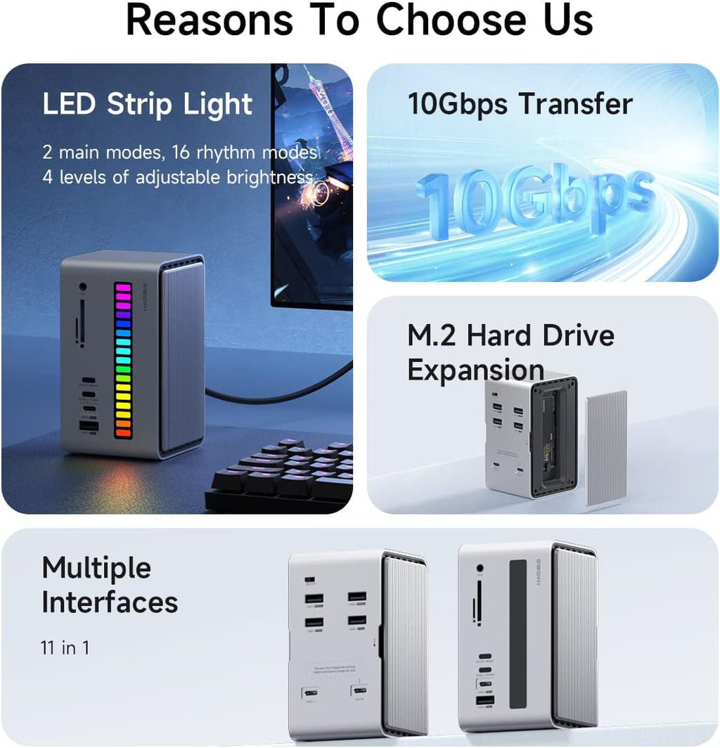 Estación de acoplamiento USB C Hagibis con tira de luz LED y carcasa para SSD M.2 NVMe/SATA