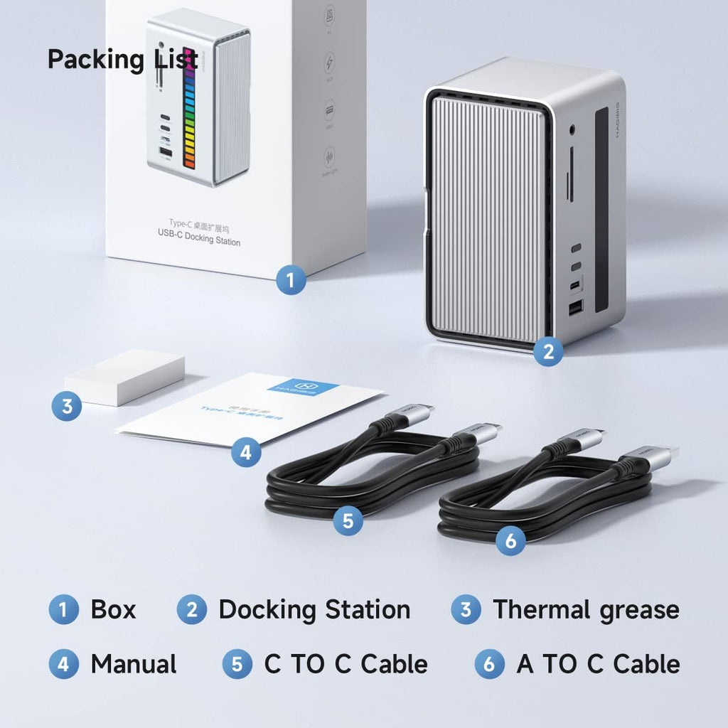 Estación de acoplamiento USB C Hagibis con tira de luz LED y carcasa para SSD M.2 NVMe/SATA