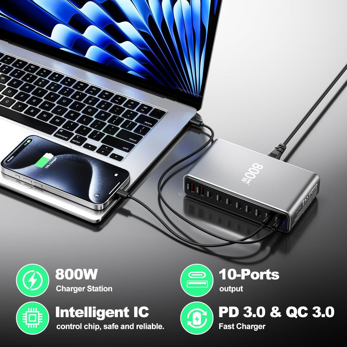 GaN 800W 10-in-1 USB-C PD Charging Station