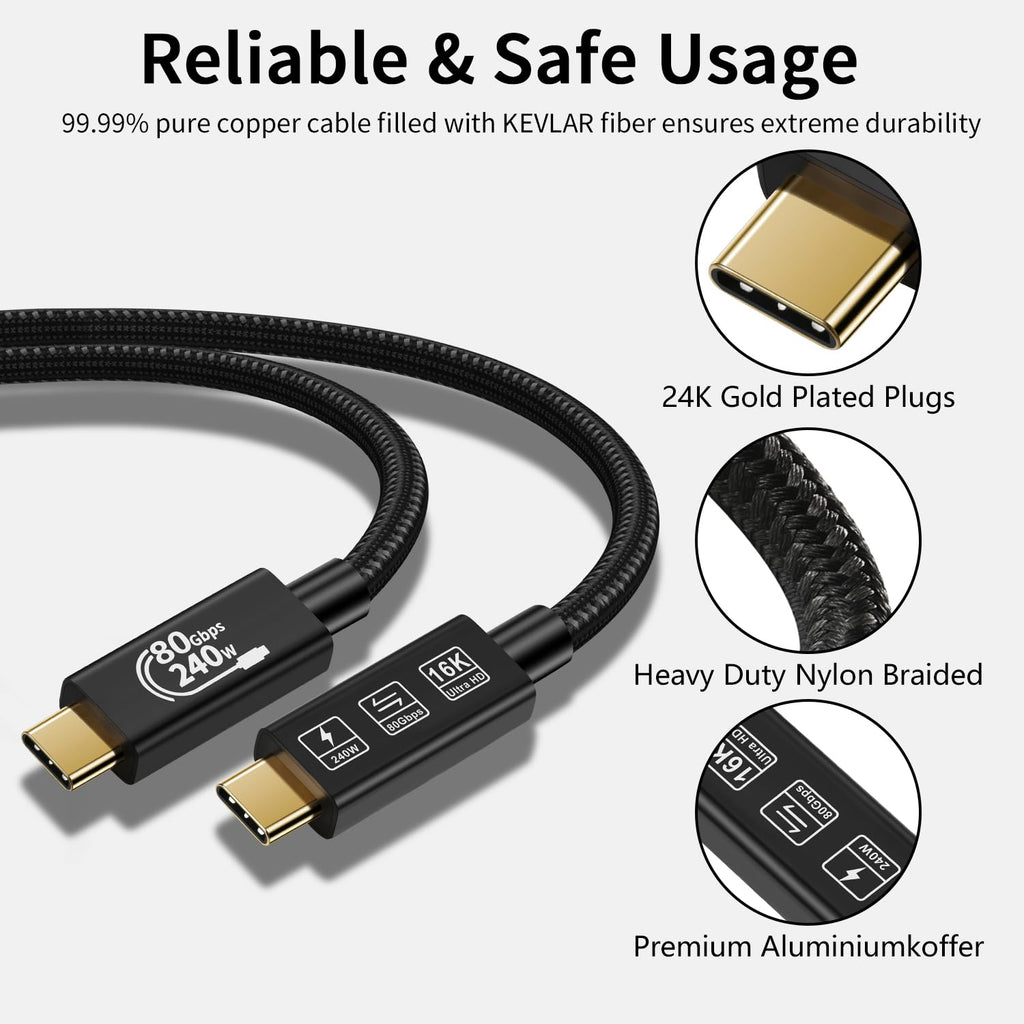 Cable USB-C TB5 de 80 Gbps, 240 W y 16K UHD