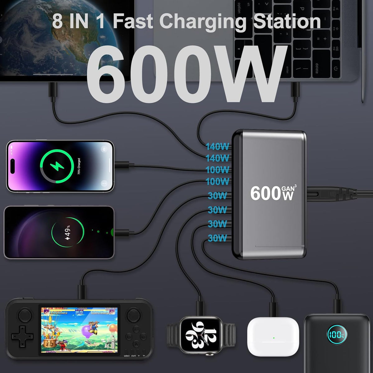 Estación de carga rápida PD 8 en 1 USB-C de 600 W