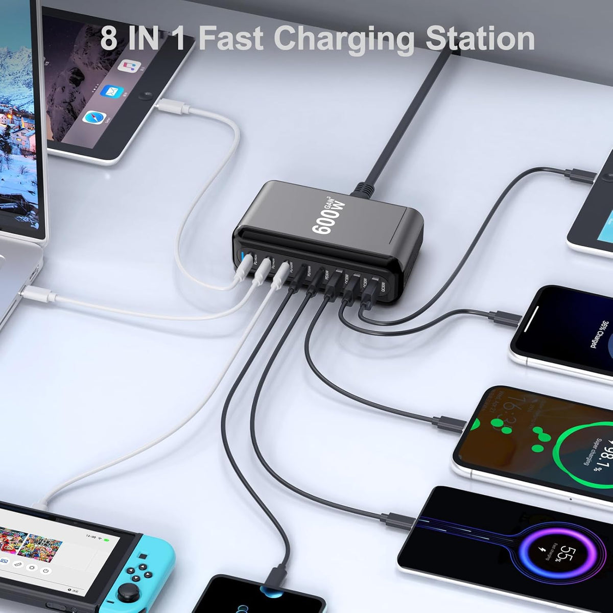 Estación de carga rápida PD 8 en 1 USB-C de 600 W