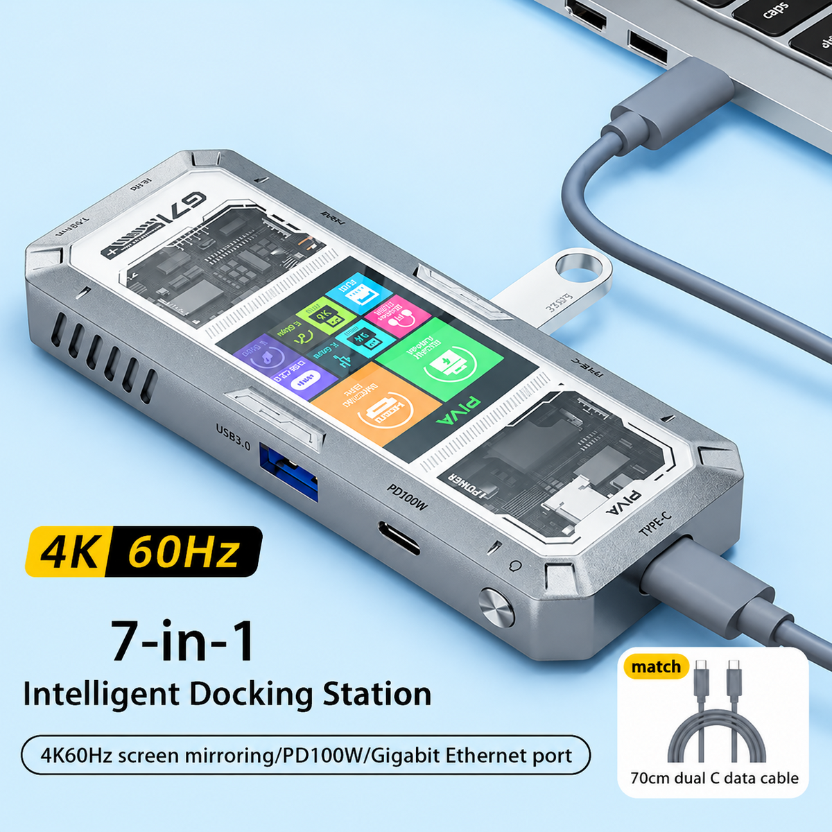 7 in 1 Aluminum Alloy Office Docking Station with Smart Screen Display