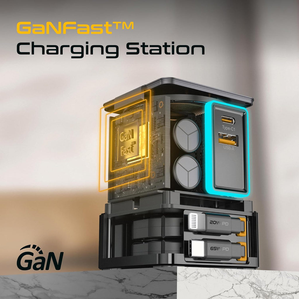 105W GaN Retractable 6-in-1 Charger with Magnetic Pad