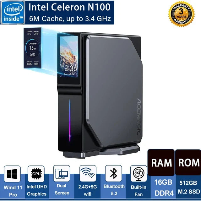 S1 Mini PC with LCD Screen/Dual LAN & HDMI,SSD(12th Gen N100)