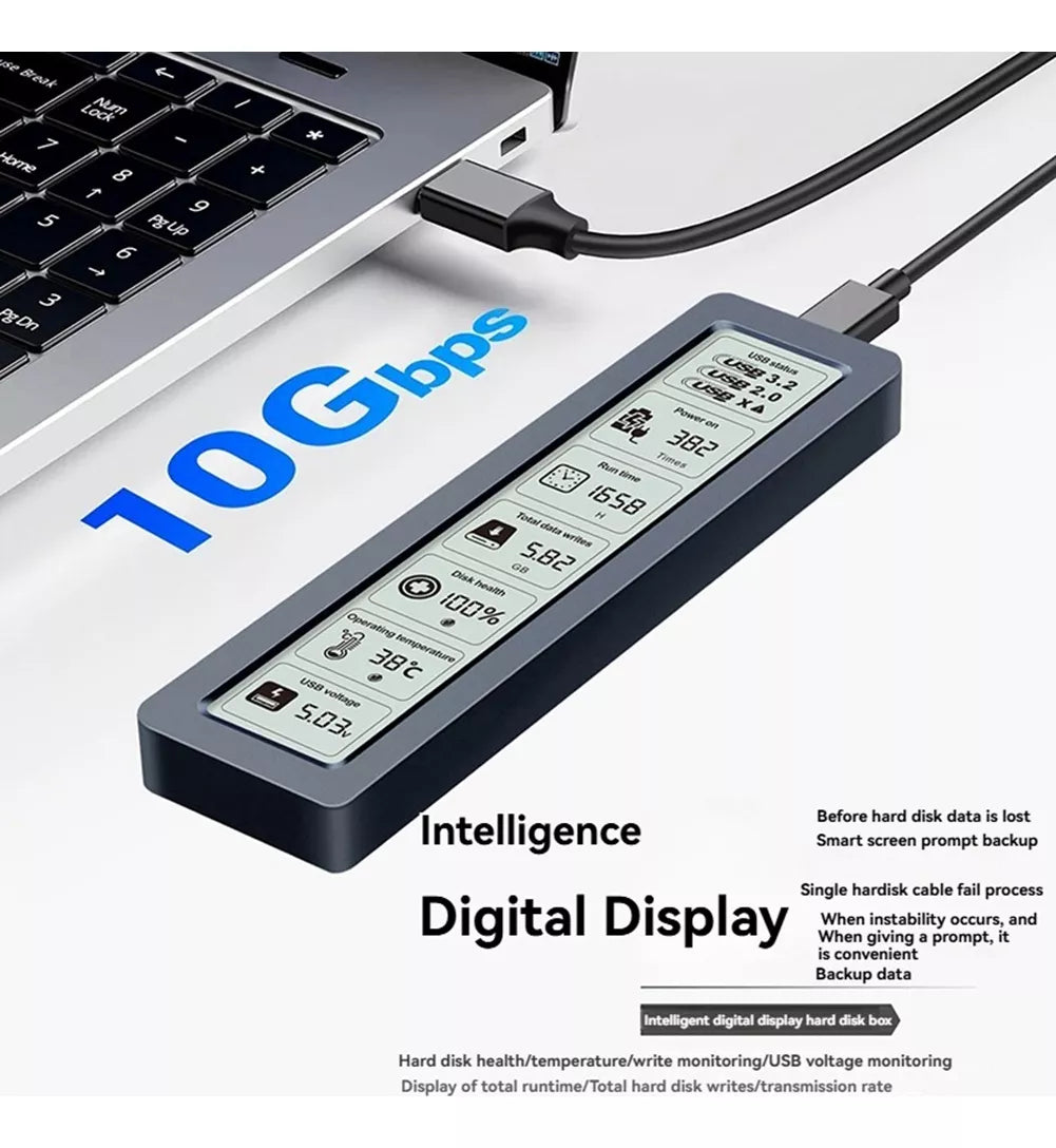 Adaptador de carcasa de aluminio para SSD M.2 con pantalla LCD