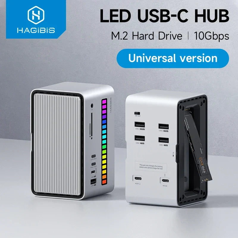 Estación de acoplamiento USB C Hagibis con tira de luz LED y carcasa para SSD M.2 NVMe/SATA