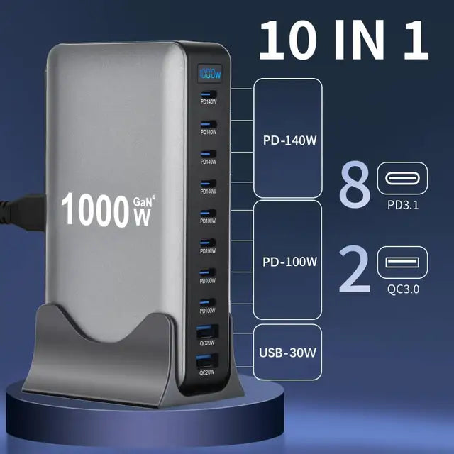 1000W GaN PD3.1 Charger USB C Fast Desktop 10-ports