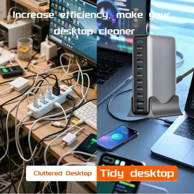 Cargador GaN PD3.1 de 1000 W con USB C de carga rápida para escritorio, 10 puertos