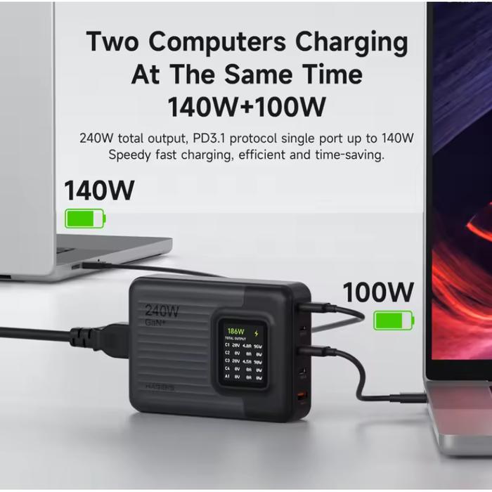 PD200W GaN de 5 puertos de carga rápida con pantalla LCD