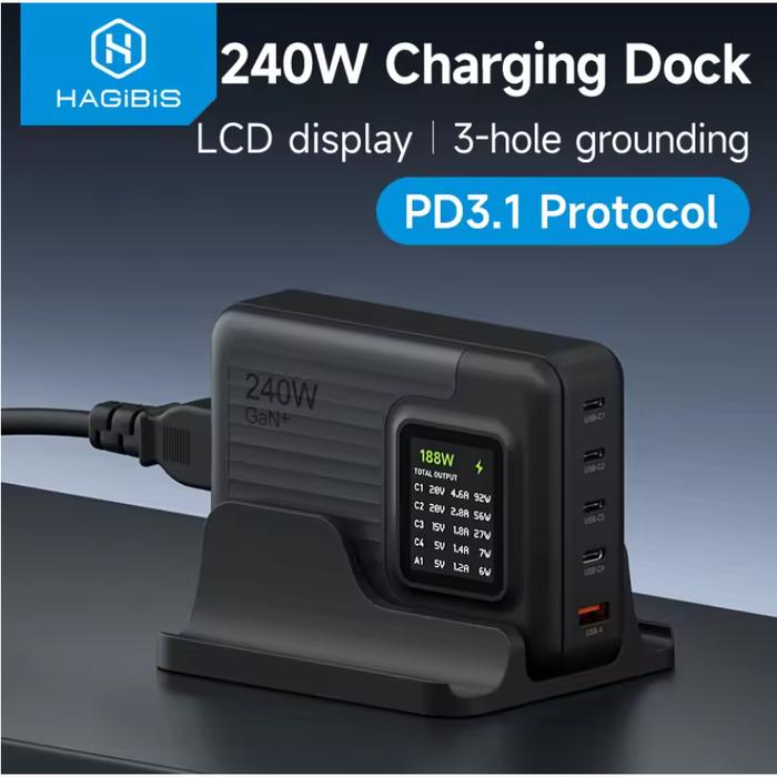 PD200W GaN de 5 puertos de carga rápida con pantalla LCD