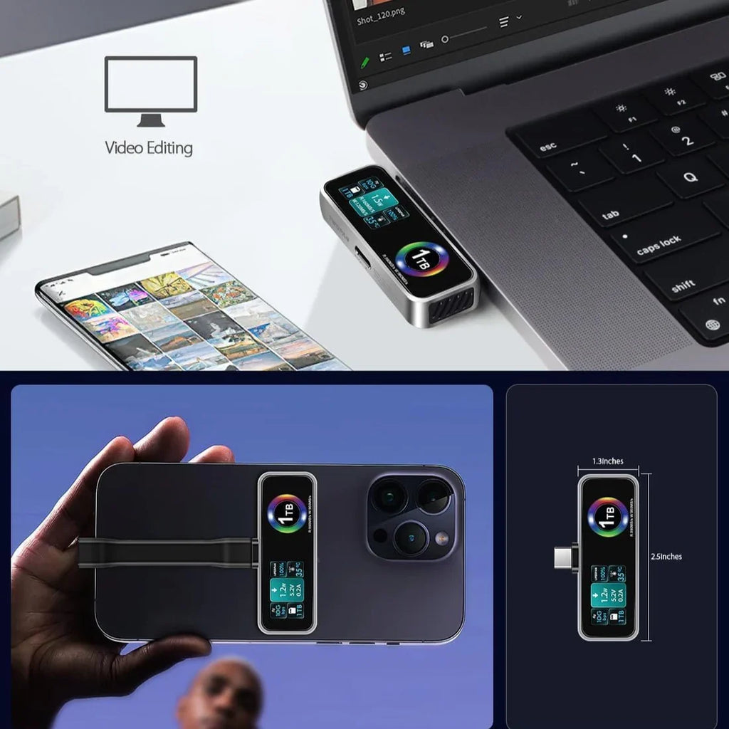 SSD portátil magnético para iPhone con pantalla LCD y ventilador de refrigeración integrado