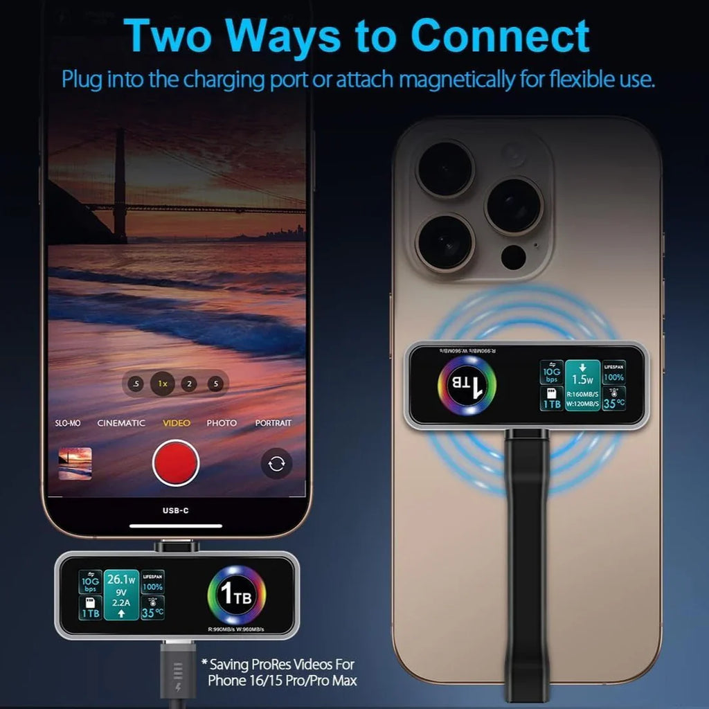 SSD portátil magnético para iPhone con pantalla LCD y ventilador de refrigeración integrado