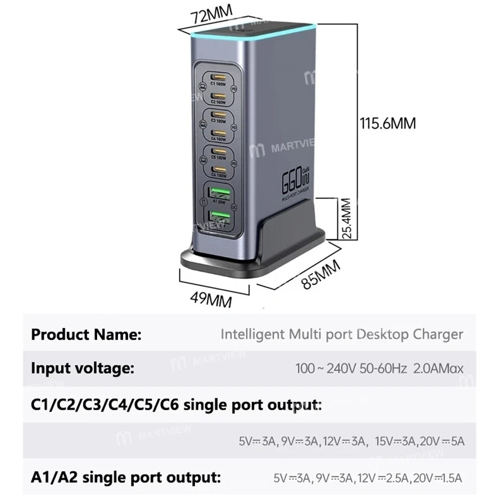 660W 8-Port Hochleistungs PD+QC3.0 GaN Tisch-Ladestation